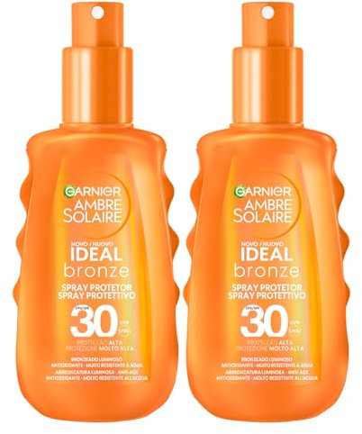 Garnier Ambre Solaire Ideal Bronze Schutzspray, Anti-Aging, antioxidativ, LSF 30, hoher Schutz gegen UVA- und UVB-Strahlen, 2 Flaschen à 150 ml