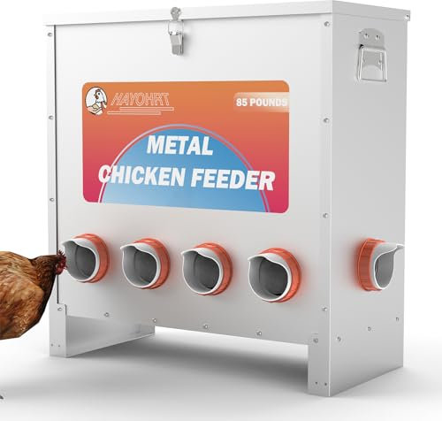 HAYOHRT Comedero de pollo de capacidad de 85 a 120 libras, sin residuos, 10 puertos, alimentador automático grande para aves de corral con pestillo y mango para pollos, bantamos, faisanes, aves de