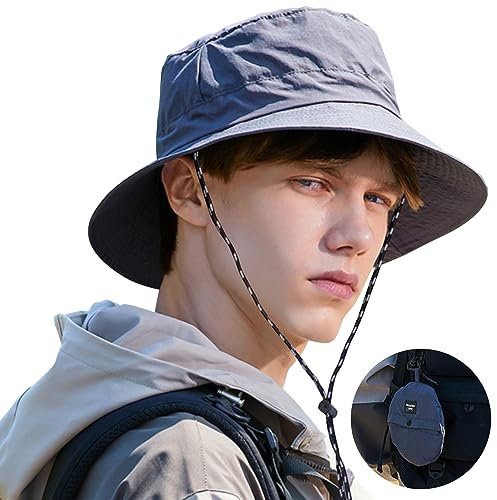 Tyuodna Fischerhut Herren,Sonnenhut Herren Damen wasserdichte Schnelltrocknend,Anglerhut Herren UV-Schutz,Safari Hut Herren mit Verstellbarer Schnur Unisex (Wasserdichtes Nylon, Grau)