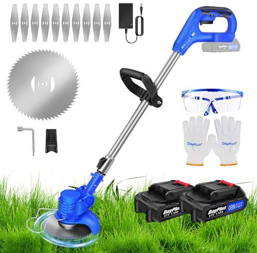 Akku Rasentrimmer Tragbarer Elektro-Gartenstrimmer mit 2 Batteries und Ladegerät, Akku Freischneider 21V mit Messer Motorsense Elektro Für Outdoor, Hof, Rasen, Gärten, 10000 U/min, Blau