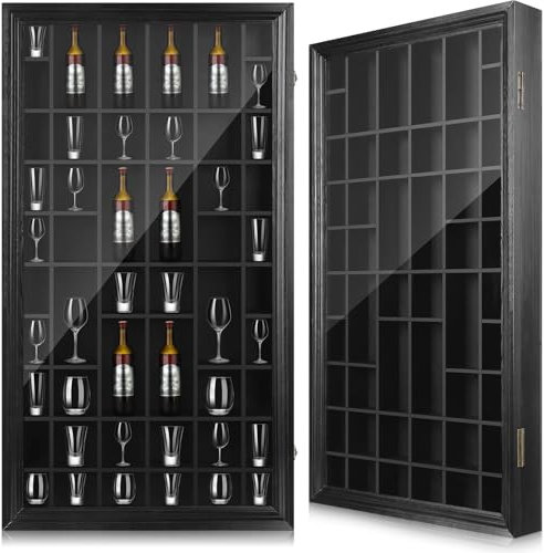CroBlissful 2 Pcs Shot Glass Display Case 50 Slots Wood Shot Glasses Holder 32.5 x 17.9'' Wall Mount Cabinet Rack Holder for Collectibles Glass Bar Cabinet with Lockable Acrylic Door