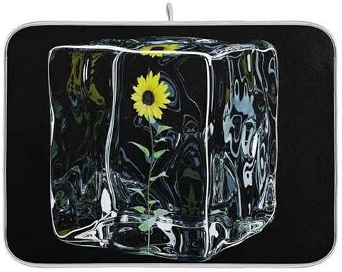 Abtropfmatte Sonnenblume In Transparentem EIS Kaffeemaschine Abtropfmatte Schnelltrocknend Geschirrmatte Saugstarke Spülbeckenmatte Für Küche Spüle 46Cm×41Cm