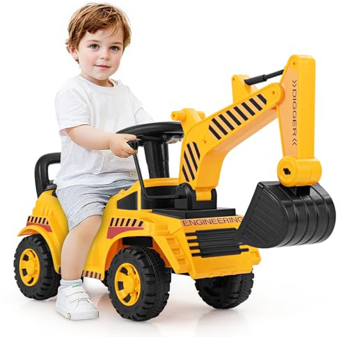 COSTWAY Tractopelle Enfant avec Pelle Réglable & Son du Moteur, Pelleteuse Enfant avec Bloc Anti-basculement, Espace Caché, Charge 15KG, Excavateur pour Enfant de 19-36 Mois