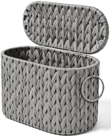 Handgefertigter Rattan-Korb für Toilettenpapier mit Deckel, Zeitschriftenhalter, integriertes Design, Aufbewahrungsbehälter für Klopapier, WC Papier Aufbewahrung, Haushaltswaren-Organizer Hellgrau