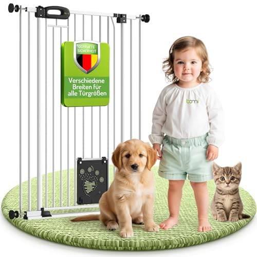 BOMI Tierschutzgitter Merle| Treppenschutzgitter ohne Bohren| Ideal als Absperrgitter Hund, Katzengitter Tür & Welpenzaun | Extra Enge Stäbe | Hundegitter Wohnung weiß Metall | Breite: 113-123 cm