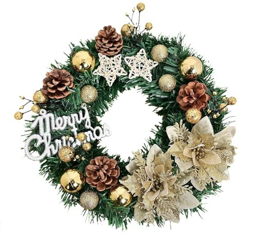 Künstlicher Weihnachtskranz mit Kugeln, Stern und Kunststoffblume, Weihnachtsgirlande für den Winter, Glänzende Girlande für die Haustür, Fröhliche Hängegirlande für die Haustür