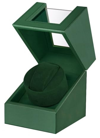 Automatic Single Watch Winder with Quiet Japanese Motor, in Wood Shell and Black Leather (Green)
