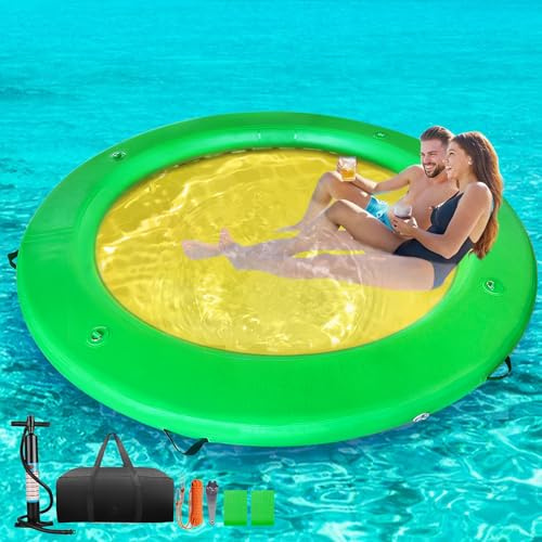 TONKOUM Water Hammock Inflatable Dock, 8ft Floating Raft Circular Water Island, Float Rings Air Mesh Platform for Lake/River/Swim Pool