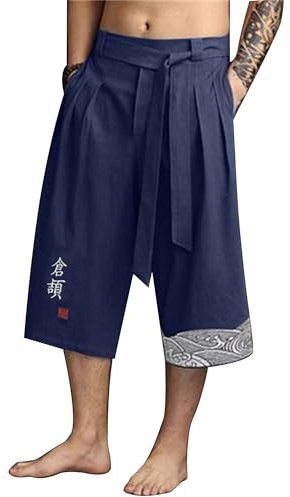 YAOBAOLE Pantaloni Giapponesi da Uomo Pantaloni Corti Taro per Uomini in Lino Abiti Tradizionali Giapponesi con Cordoncino, Blu marino, XXL