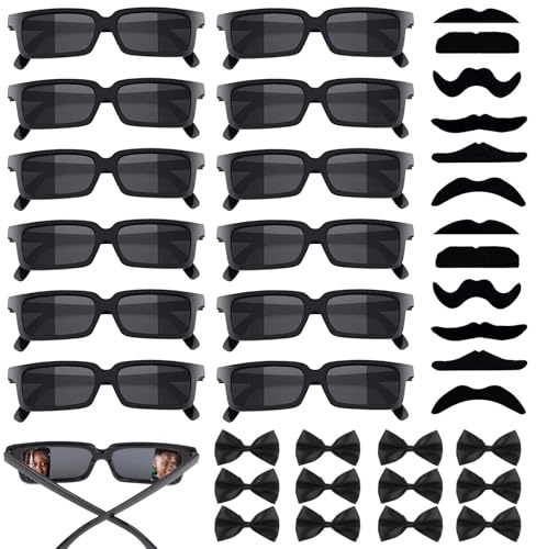 URHRHU Kit Detective Bambino 12 Pezzi Occhiali da Agente Segreto con Baffi e Farfallino - Occhiali Spia Retrovisori Divertenti Costume da Detective per Bambini e Adulti Regalo Feste di Compleanno