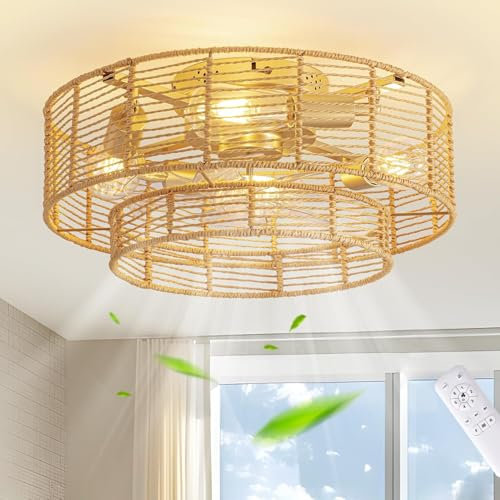 KZT Lampada da soffitto in rattan con ventilatore E27, vintage, ventilatore da soffitto con illuminazione e telecomando, silenziosa con ventilatore, paralume in rattan naturale, 6 marce, lampada da