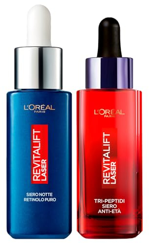 L'Oréal Paris Revitalift Laser Tri-Peptidi Anti-Aging-Serum mit Hyaluronsäure und Vitamin C 30 ml + Nachtserum mit reinem Retinol reduziert tiefere Falten 30 ml - 2 Serum
