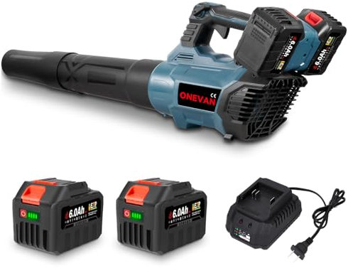 ONEVAN Batteria da 40 V, ventilatore senza spazzole da 183 km/h, con 2 batterie da 6,0 Ah e stazione di ricarica da 1,2 A, con modalità turbo, ventilatore ad aria senza fili, per bolle di foglie e