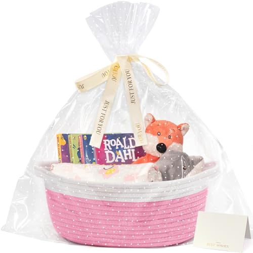 TIMEYARD Pink Small Woven Gift Basket Rope Storage Basket for Baby Decor | 30x20x12cm Rope Basket for Baby Gifts, Diapers and Small Accessories. Decorative Basket for Nursery and Home Storage