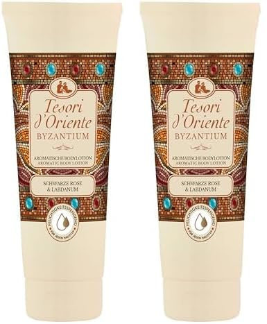 TESORI D'ORIENTE BODY LOTION BYZANTIUM 250ML, aromatische Bodylotion mit schwarzer Rose und Labdanum, Wellness-Ritual für Körper & Sinne (Packung mit 2)