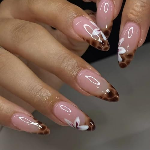 SXVME French Tip Press on Nails Almond with Leopard Design, White Floral False Nails Medium Stiletto, Cheetah Pattern Full Cover Coquette Fake Nail Press ons for Women 24 Pcs