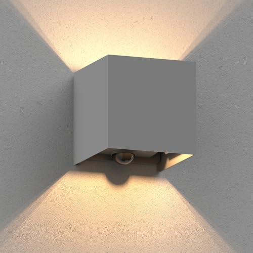 ledscom.de Wandleuchte CUBEL für außen, IP65, Up-/Downlight, Bewegungsmelder, grau matt, quadratisch, 1x G9 max. 10W