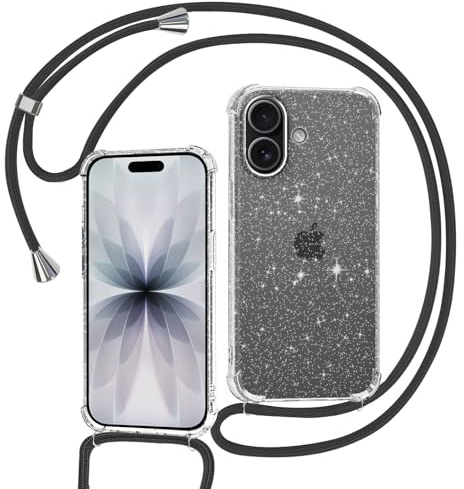 Tikgue Handykette für iPhone 17 Hülle mit Band, Handyhülle mit Kordel zum Umhängen Schutzhülle mit Kette Glitzer Transparent Weich TPU Silikon Bumper - Schwarz