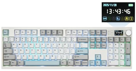 EPOMAKER QK108 Teclado Gaming Mecánico Inalámbrico con Pantalla y Perilla | Tamaño Completo, 8000mAh, QMK/Via, Cremoso y Sólido, Gasket, RGB, Hot-Swap, Teclas de Mac, 2.4G/BT, Wisteria Linear Switch