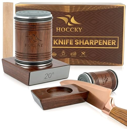 HOCCKY Rolling Knife Sharpener Kit, Diamond & Ceramic Honing Discs, 15°/20° Magnetic Angles, Premium Walnut Wood, Leather Strop, Easy Manual Sharpener for Kitchen & Chef's Knives