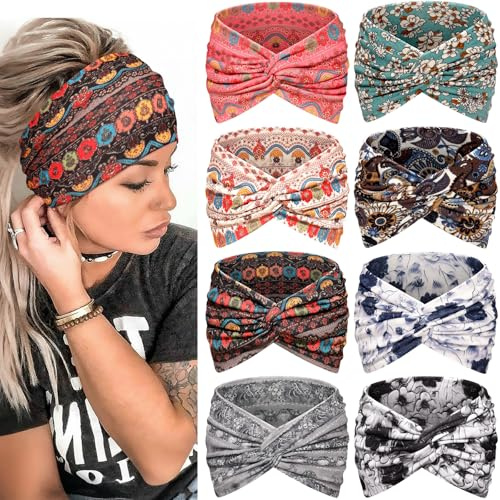 Awumbuk Haarband Damen, Stirnband 7'' Extra Breit Gekreuzt - 8er Set, Boho Mehrfarbig Headband, Elastisch und Weich Kopftuch, für Sport, Kosmetik (Hellrosa)