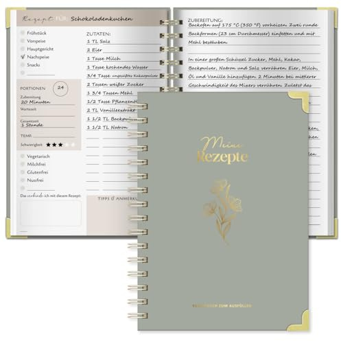 BIROYAL Rezeptbuch zum Selberschreiben, 120g dickes Papier ohne Durchbluten, Spiralbindung, A5 Format - 100 Rezepte à 2 Seiten, mit Umrechnungstabelle und Saisonkalender für Obst, Gemüse und Kräuter