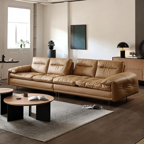 Italiensk ljus lyxig enkel ljusbrun lädersoffa, rymlig och mjuk soffa med massiv träram, modern stor storlek, lämplig för vardagsrum/kontor/lägenhet.