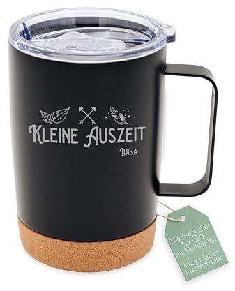 ABENTEUERNAH Thermobecher Pausenzeit Korkboden personalisiert, Outdoorbecher Wandern, Kaffeebecher, Campingbecher, Geschenk Kollege, Coffee to go Becher, Geschenk Freundin (schwarz, kleine Auszeit)