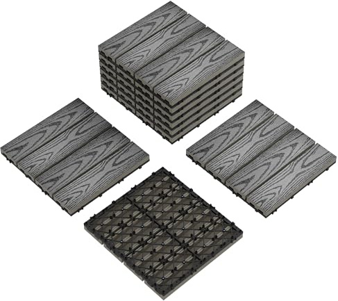 9 Stück Wetterfeste WPC Terrassenfliesen 30x30cm, Balkonfliesen in Holzoptik, Rutschfest, Wasserdicht & Pflegeleicht für Balkon, Garten, Terrasse, Pool, Einfache DIY-Verlegung, Grau