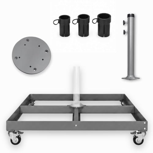 RS Trade Universal Sonnenschirmständer mit Rollen aus pulverbeschichtetem Stahl, inkl. Schirmrohr mit Adaptern 32/34/36 mm und 5-Loch-Aufnahme, für Ampelschirme, Mittelstockschirme & Marktschirme