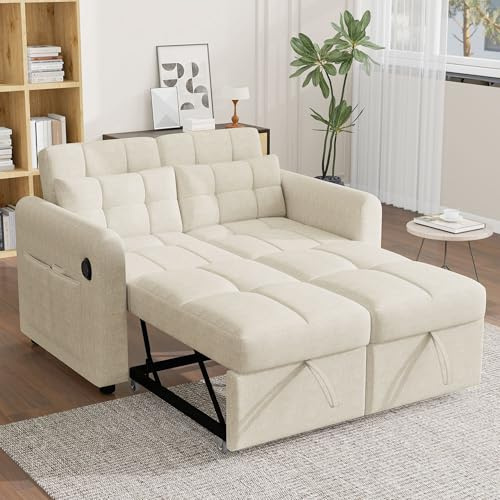 Xwiny Klappbares Schlafsofa mit Schlaffunktion, 2-Sitzer Multifunktionssofa mit USB, Seitentasche & Kissen, 3-Fach Verstellbare Rückenlehne für Wohnzimmer, Baumwolle & Leinen, Beige, 142x85x83 cm