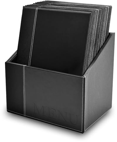 Securit Trendy Lederoptik A4 Weinkarte (x20) plus box, inkl. 1 dopplete Einlage für Menüs (für 4Seiten A5 ) , Schwarz | Kunstleder mit genähten Kanten - 1 Einleger doppelseitig = 4 Seiten - Erweiterbar