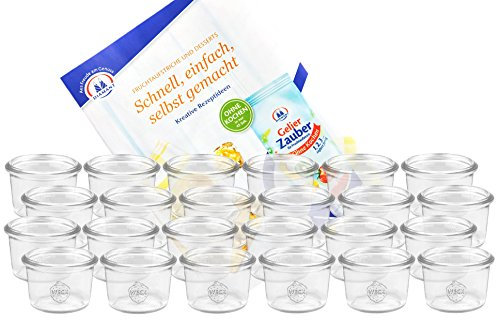MamboCat 24er Set Weckgläser Sturzglas 80 ml I Original Weck Sturzglas Dessertglas I Einweckgläser für Kuchen Gelees UVM I Sturzgläser ohne Deckel inkl. Diamant-Zucker Gelierzauber Rezeptheft
