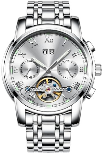 RORIOS Moda Automatico Meccanico Tourbillon Orologi da Polso Uomo Acciaio INOX Cinturino Calendario Luminoso Pointer Multifunzione