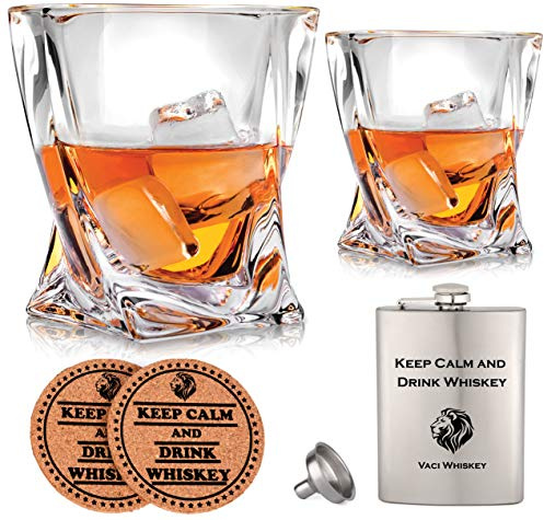 VACI GLASS Lot de 2 verres à whisky en cristal transparent de 290 ml – Verre à whisky sans plomb, flasque en acier inoxydable et dessous de verre en liège
