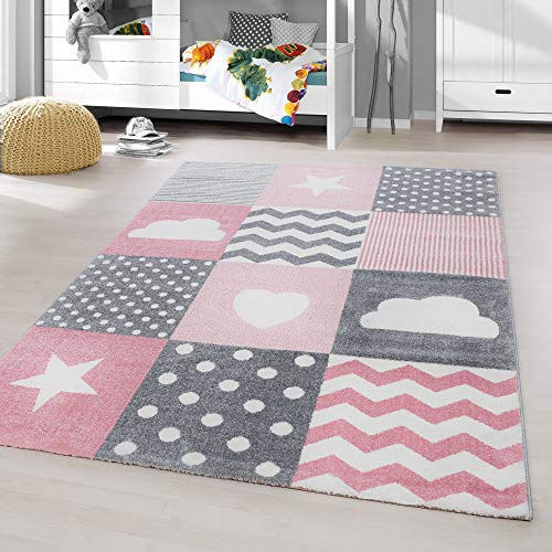 HomebyHome Alfombra Infantil Patchwork Rosa 80x150 cm Alfombra Tipo Pasillo con Corazones y Estrellas Superficie Suave hipoalergénica
