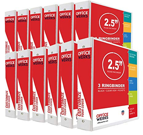 Performore 3 Ring Binder, 2.5 Professional Round Ring, Presentation Folder for Standard Pages with Inside Pockets, Customizable Clear View White Binder (12 Pack) - Ideal for Office Supplies
