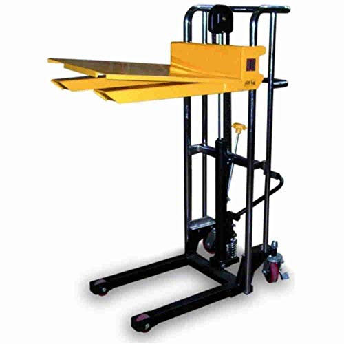 Sollevatore elevatore idraulico a colonna a trazione e sollevamento manuale cm.112 con ripiano piattaforma mobile e forche portata Kg.400 carrello telescopico per carichi per magazzino N1S12PF