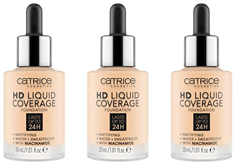 Catrice HD Liquid Coverage Foundation, Make Up, hält bis zu 24 Stunden, wasser- + schweißfest, Zweite-Haut-Effekt, Nr. 002 Porcelain Beige, nude, matt, vegan, ölfrei, 3er Pack (3 x 30ml)