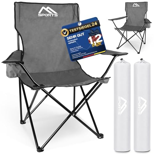 MSports, sedia da campeggio di qualità, con borsa per il trasporto di colore grigio, set da 2 pezzi, sedia pieghevole con braccioli e porta bevande, pratica e leggera