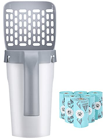PETIZER Cat Litter Scoop with Attached Waste Caddy, 2-in-1 Detachable Sifter and Trash Box System with 90 counts Refilled Bags, One-Handed Operation Kitty Poop Scooper, Ideal for Cats, Kittens, Gray