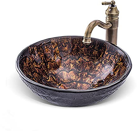 SHUGUANG Lavandino in Vetro Temperato, Lavabo da Appoggio ​in Vetro Temperato Artistico Lavabo da Appoggio Tondo Lavabo da Bagno con Rubinetto Antico, 420×420×145mm,Marrone