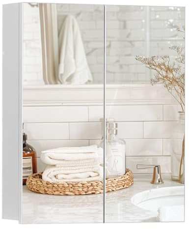LEMROE Bathroom 2 Doors Mirror Cabinet, Wall Mounted Storage Cupboard with Adjustable Shelf, Wooden Storage Unit with Mirror, Modern White