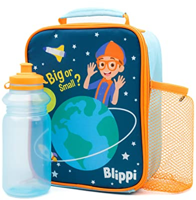 Blippi Lunch Bag y Water Bottle Set para niños | Bolsa de almuerzo con asa y botella deportiva sin BPA | Aventura espacial naranja y azul | Porta alimentos para preescolar | Mantiene la comida fresca