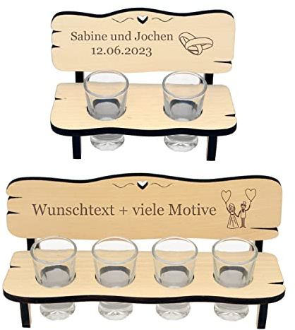 Hochzeitsbank mit Schnapsgläsern - Gravur mit Name + Spruch - Schnapsbank mit zwei Gläser oder 4, Geschenk zur Hochzeit, Verlobung, Jahrestag, Silberhochzeit, goldene Hochzeit