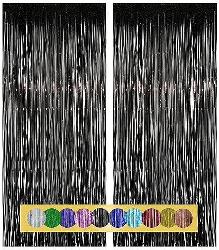 Montegoni 2 Stück Halloween Lametta Vorhänge Schwarz Glitzer Hintergrund Dekoration Folien Fransen Halloween Silvester Partydeko Luftschlangen Deko für Disco Party Hochzeit Party Dekoration