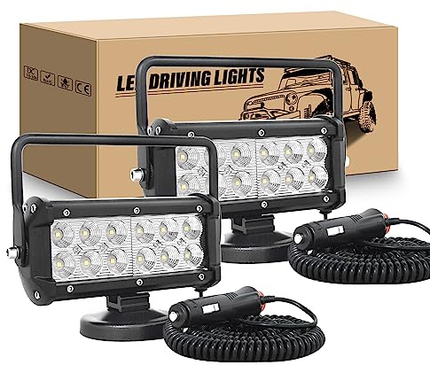 RIGIDON 2x Arbeitsscheinwerfer mit magnetfuß, 7 Zoll 36W Suchscheinwerfer | Flood Offroad Scheinwerfer Auto Magnet 12V 24V, Zigarettenanzünder, 5m Kabel für Traktor Anhänger SUV KFZ LKW Camping Boot