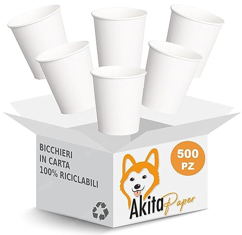 AKITAInk 500 pz Bicchieri Monouso in Carta Bianco da 200 ml Bicchiere compostabile biodegradabile di carta per Te', Caffè, Bevande calde, Acqua anche Asporto e Feste (BIANCO, 500)