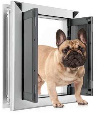 Fingerping Aluminum Large Dog Door for Exterior Door,with Strong Double Magnetic Flaps, Double Slide-in Panel & 4 Security Locks Up to 70LBS(Medium, Matte Silver)
