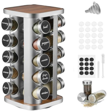 FRIBERG Rotating Spice Rack,Spice Rack With 20 Spice Jars, 360° Spice Carousel With Funnel, Label, Pen And Cleaning Brush